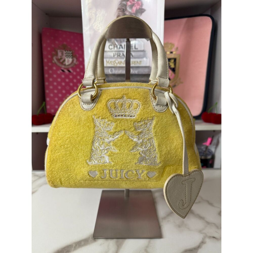 Y2K Vintage Juicy Couture Yellow & White Scottie Dogs Mini Bowler Bag. SOLD